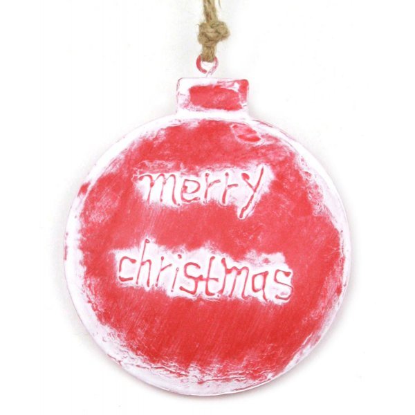 Χριστουγεννιάτικη Μεταλλική Μπάλα, Χιονισμένη Κόκκινη με "XMAS" (11cm)